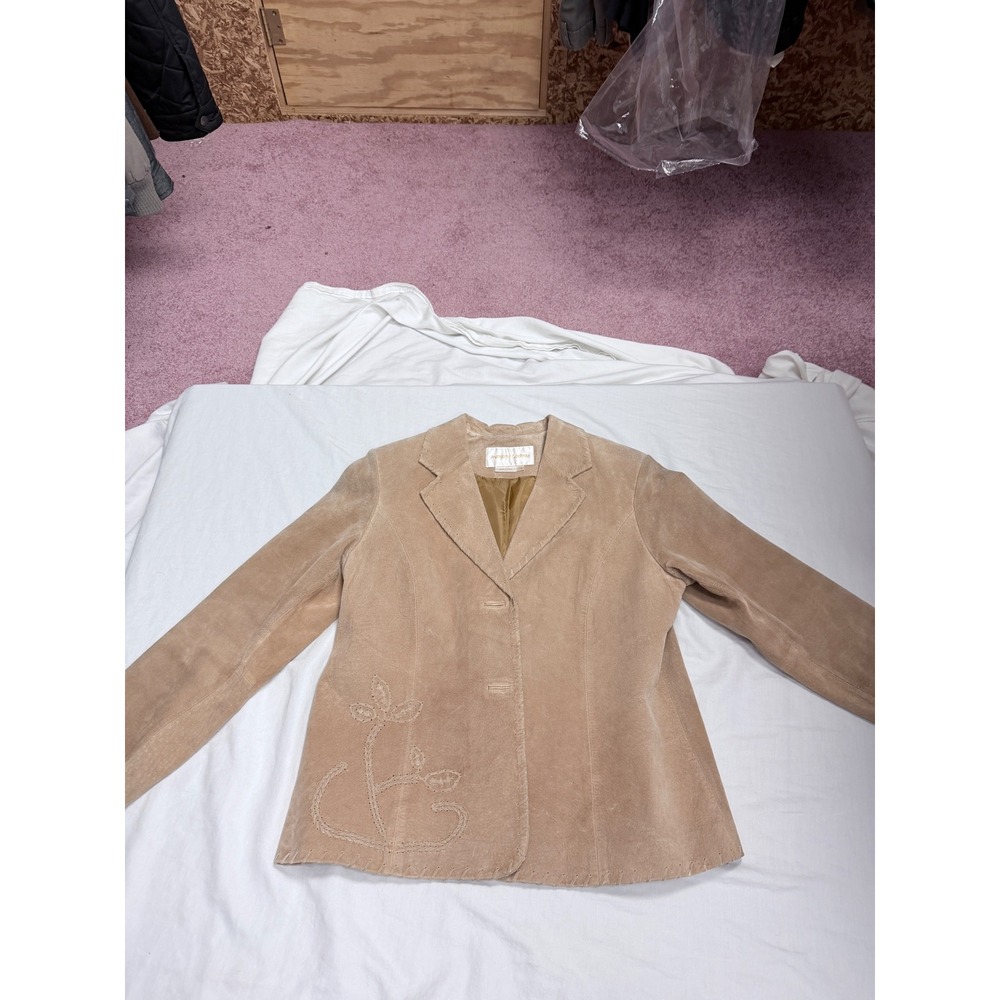 Margaret Godfrey Tan Suede Leather Blazer Floral Embroidered Whipstitch Size 14